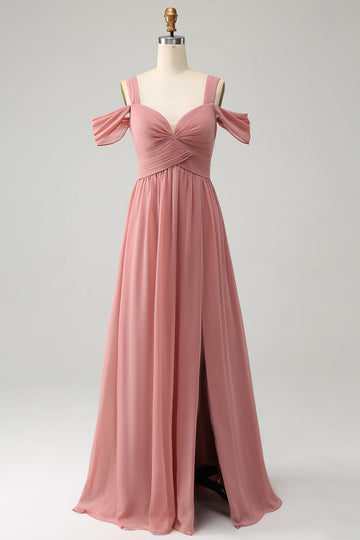 Chiffon Red A Line Spaghetti stropper plissert brudepike kjole med Slit